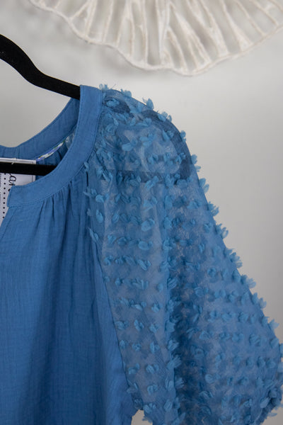 Denim Blue Gauze w/Applique Sleeve Top