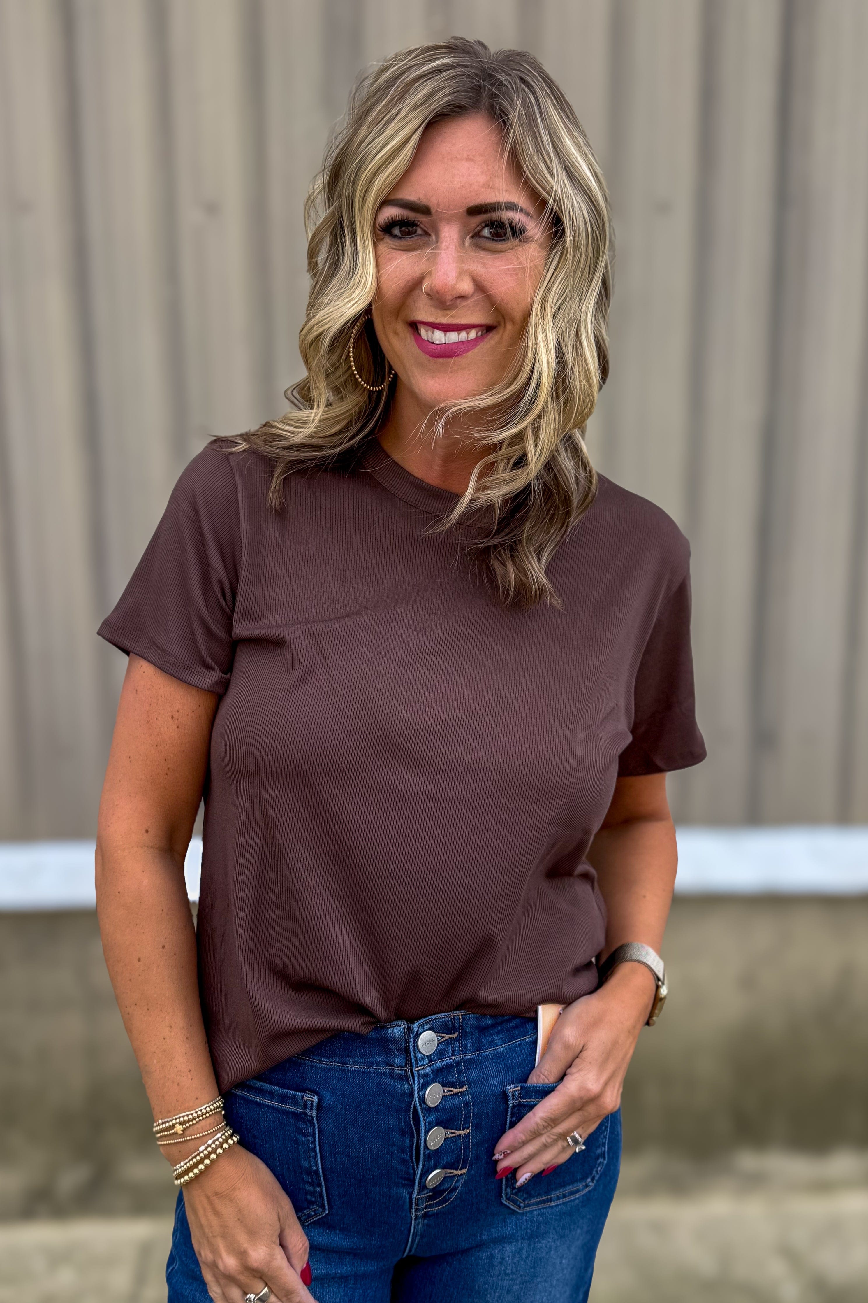 Brown Short Sleeve Rib Crew Neck Tee