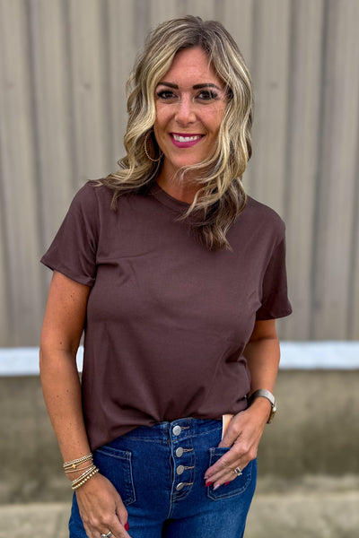 Brown Short Sleeve Rib Crew Neck Tee