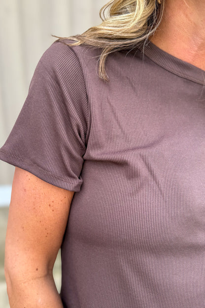 Brown Short Sleeve Rib Crew Neck Tee detail