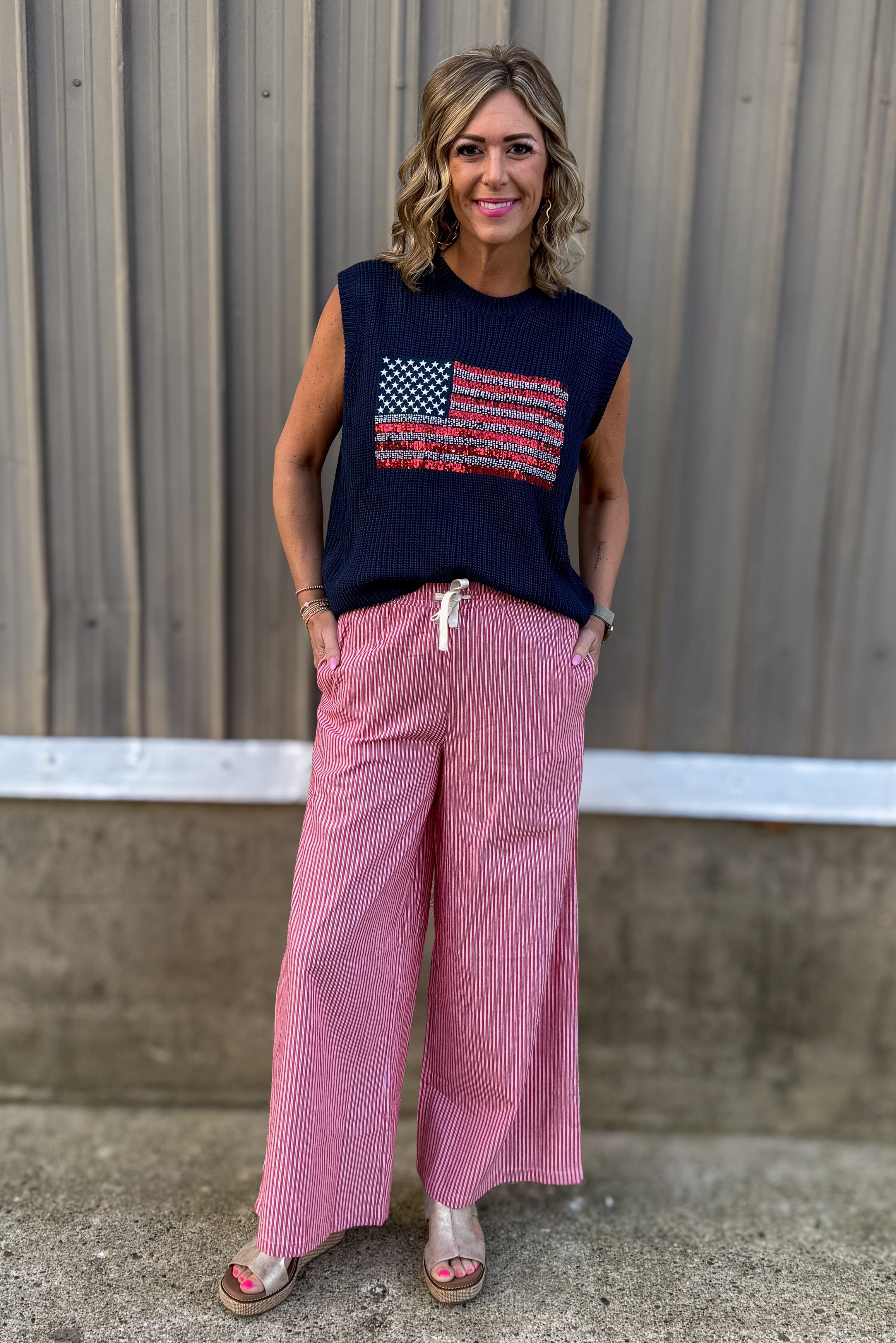 Red Pinstripe Wide Leg Pants Styled