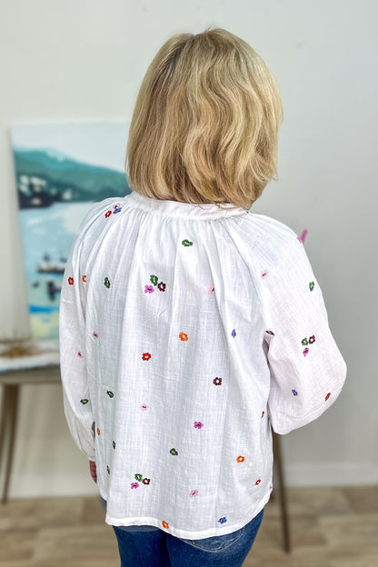 White Flower Embroidery Button Down Blouse back