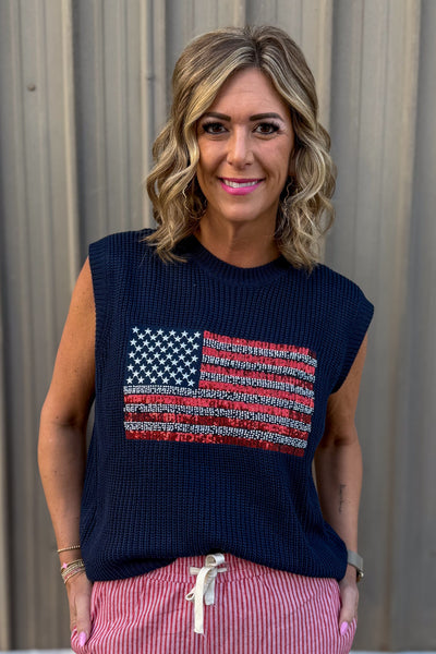 Beaded Flag Navy Sweater