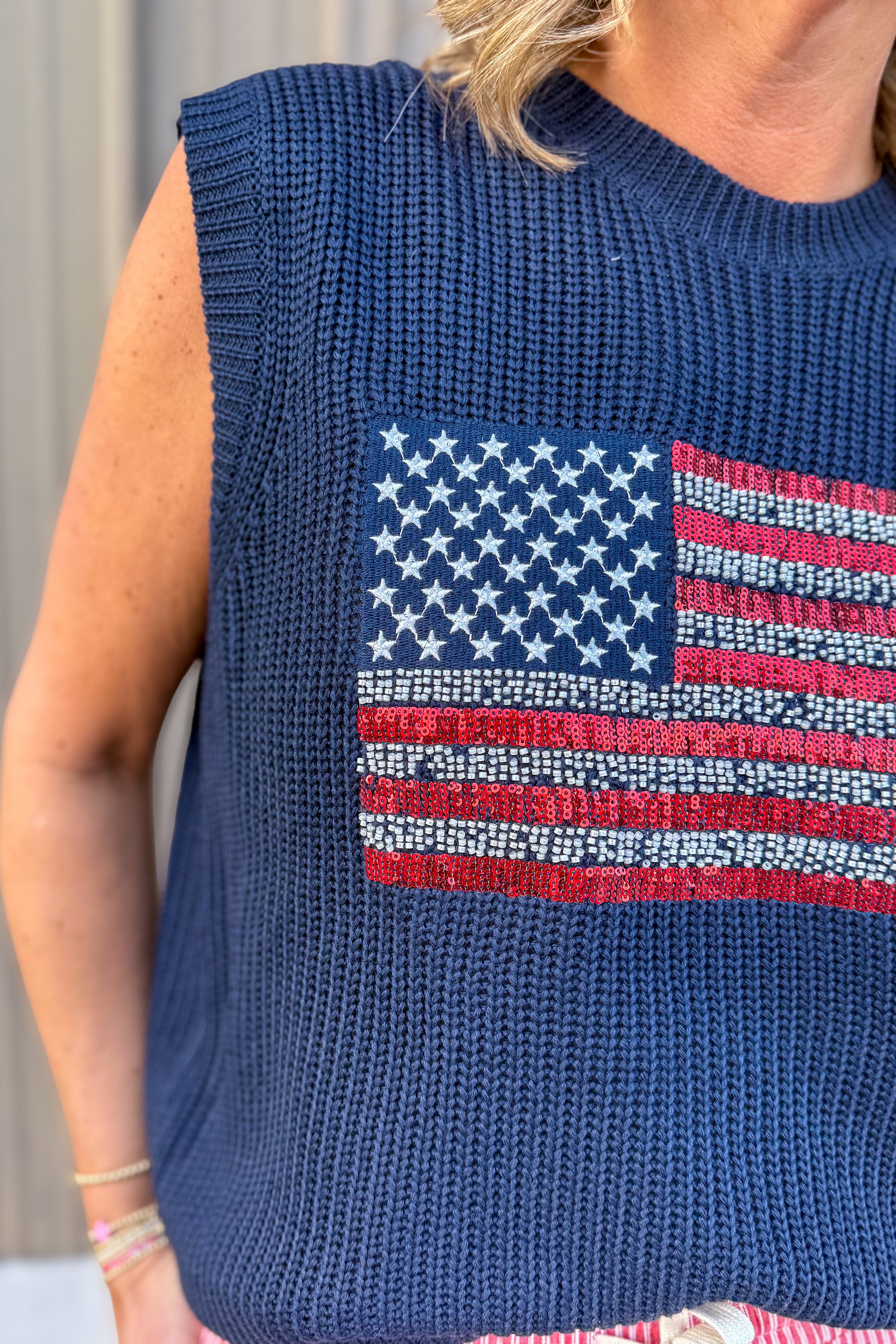 Beaded Flag Navy Sweater Detailed