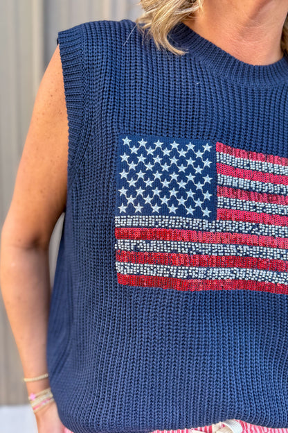 Beaded Flag Navy Sweater Detailed