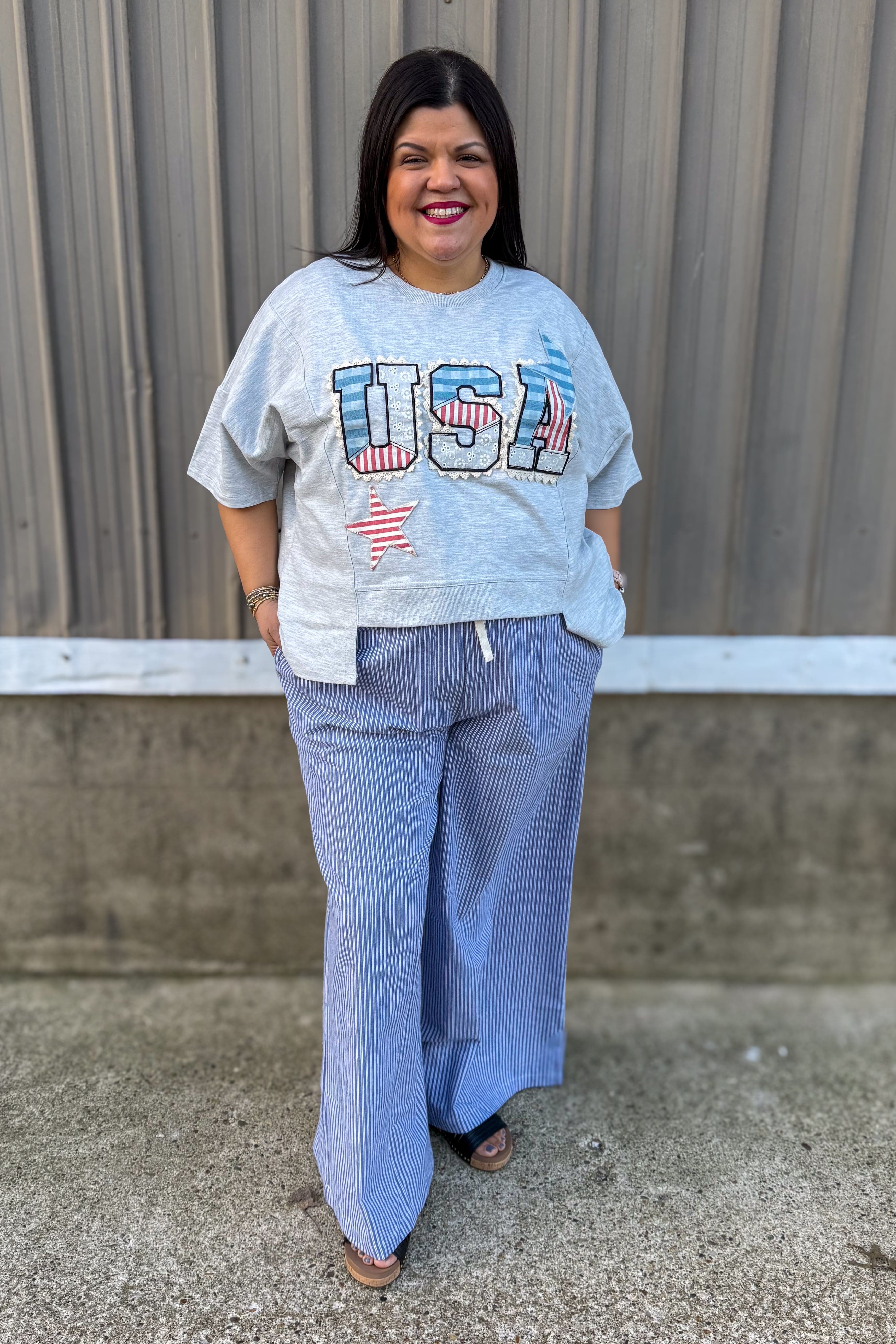 Denim Blue Pinstripe Wide Leg Pants Styled