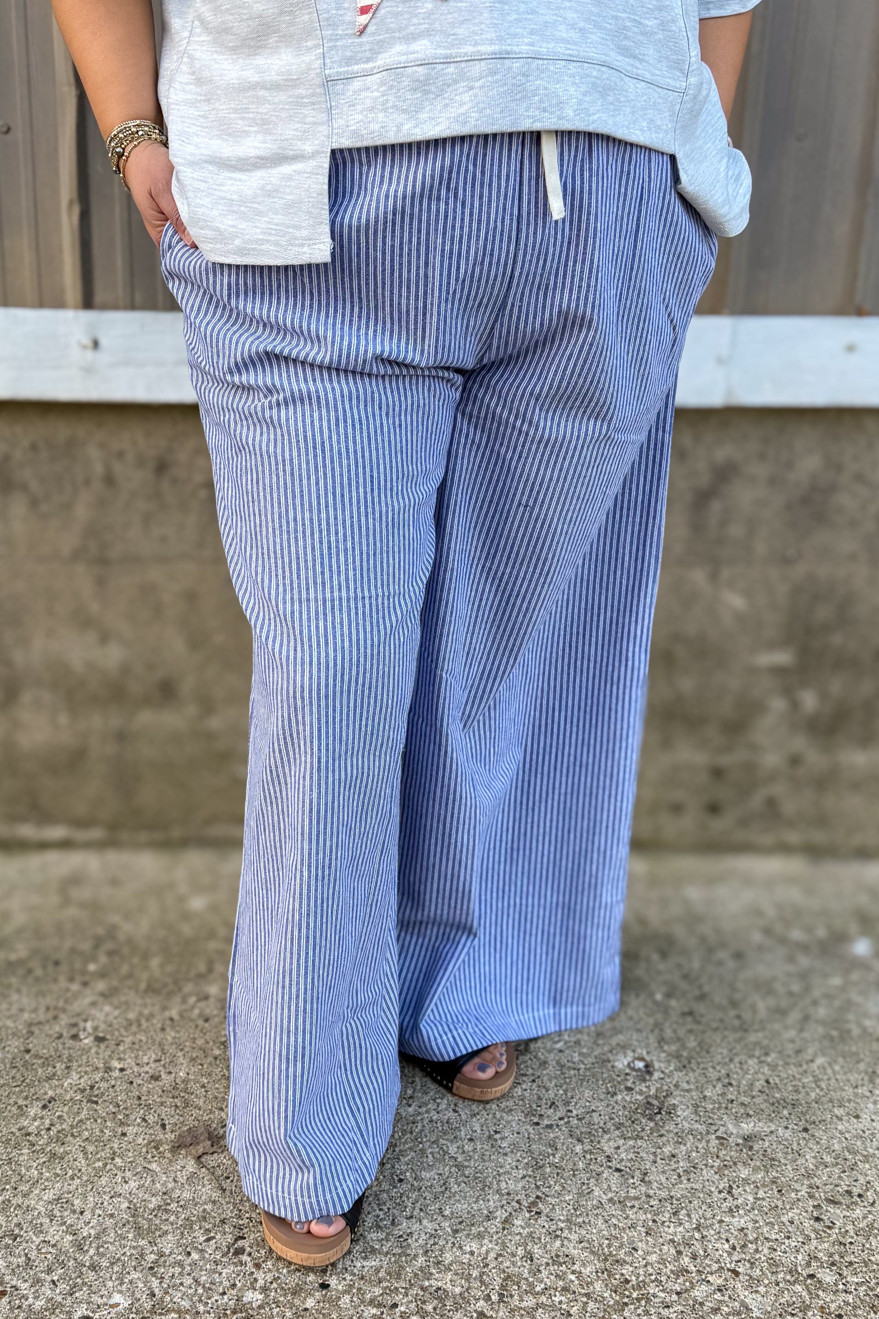 Denim Blue Pinstripe Wide Leg Pants