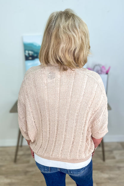 Oatmeal Pointelle 3/4 Sleeve Kimono Cardigan back