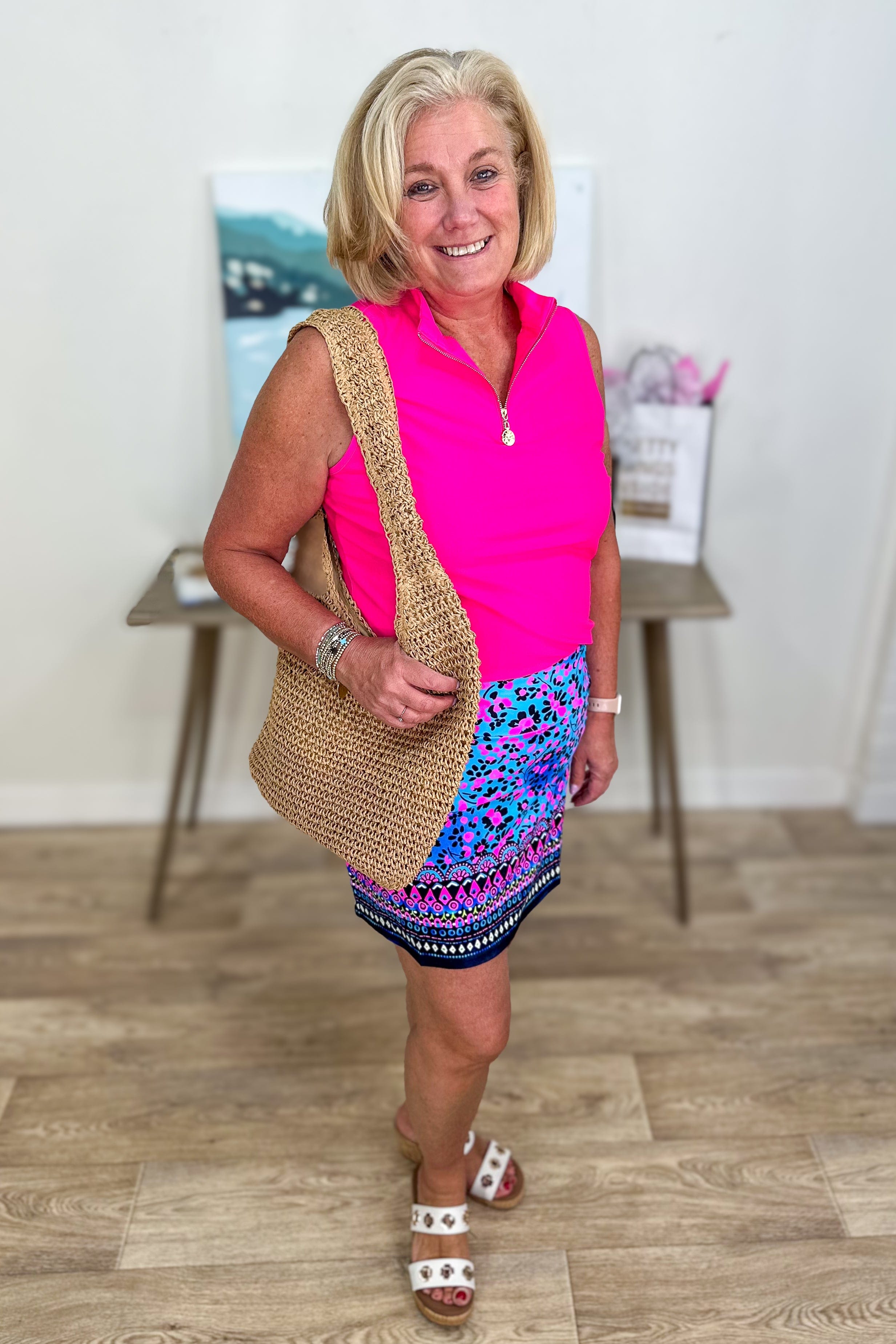 Hot Pink Sleeveless Front Zip Top styled