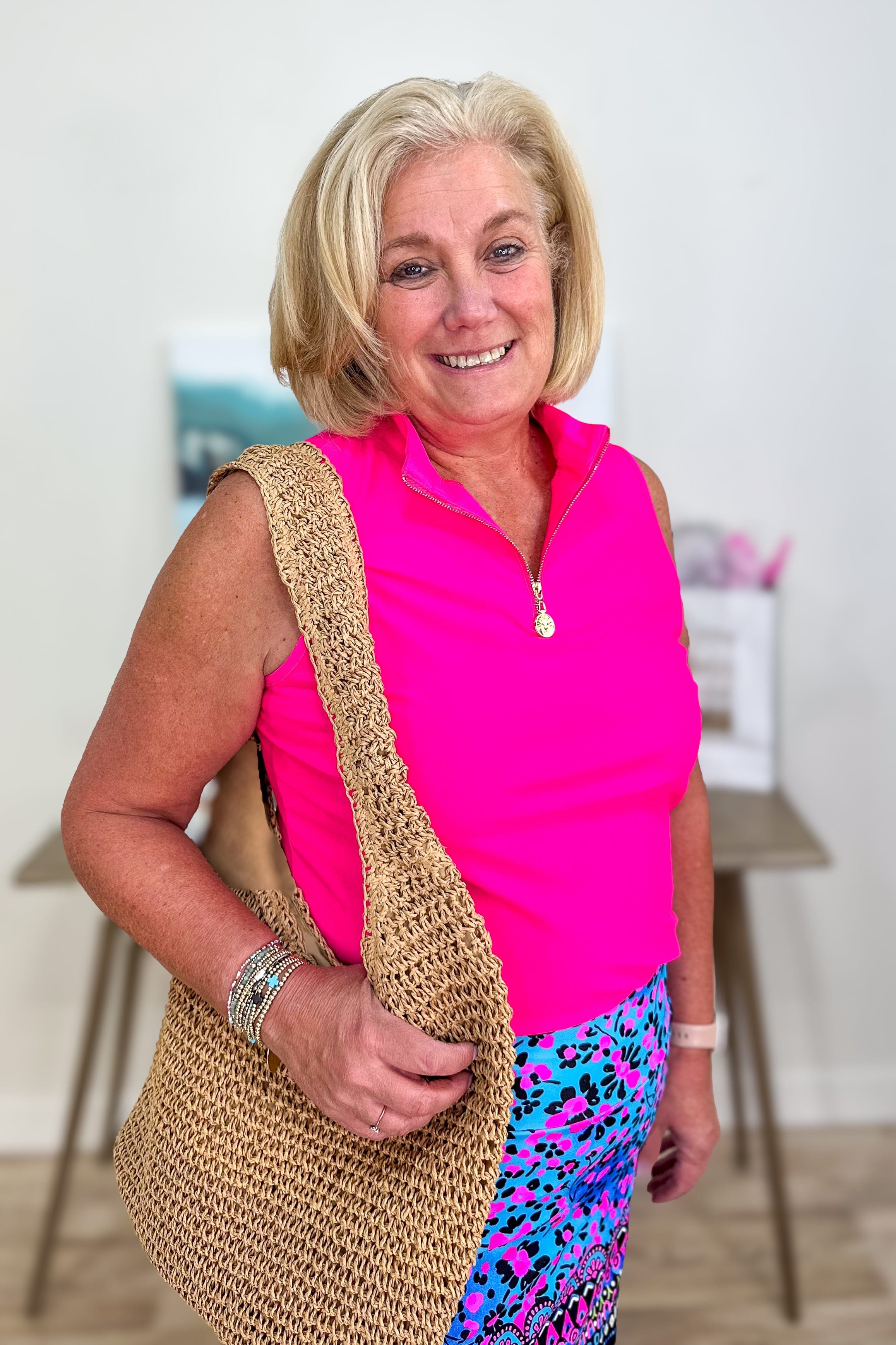 Hot Pink Sleeveless Front Zip Top