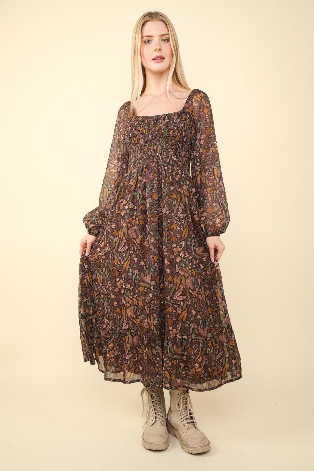 Taupe Printed Flare Midi Dress