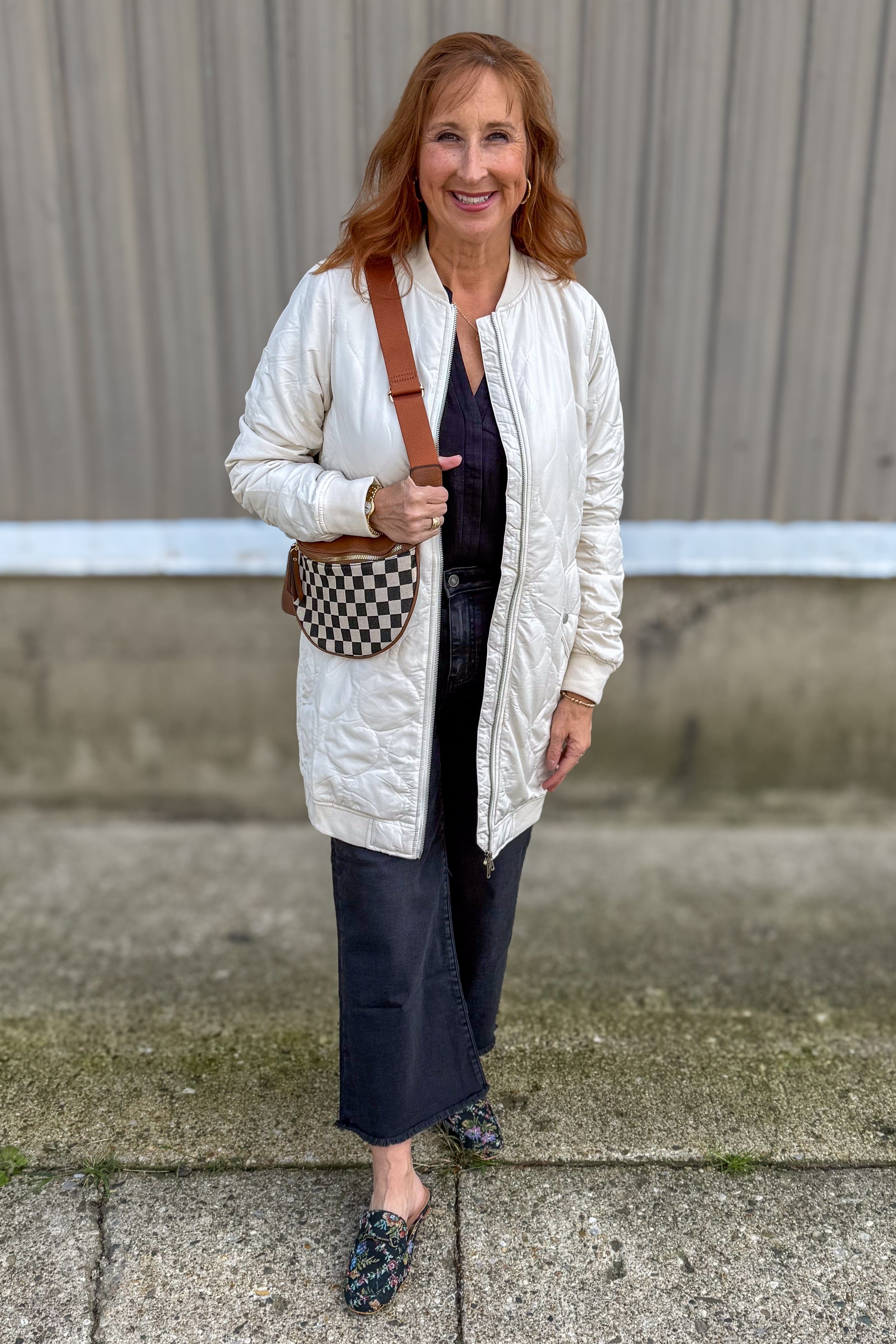 Ivory Quilted Long Bomber Jacket styled