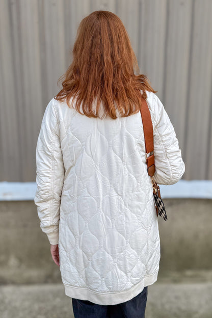 Ivory Quilted Long Bomber Jacket Back
