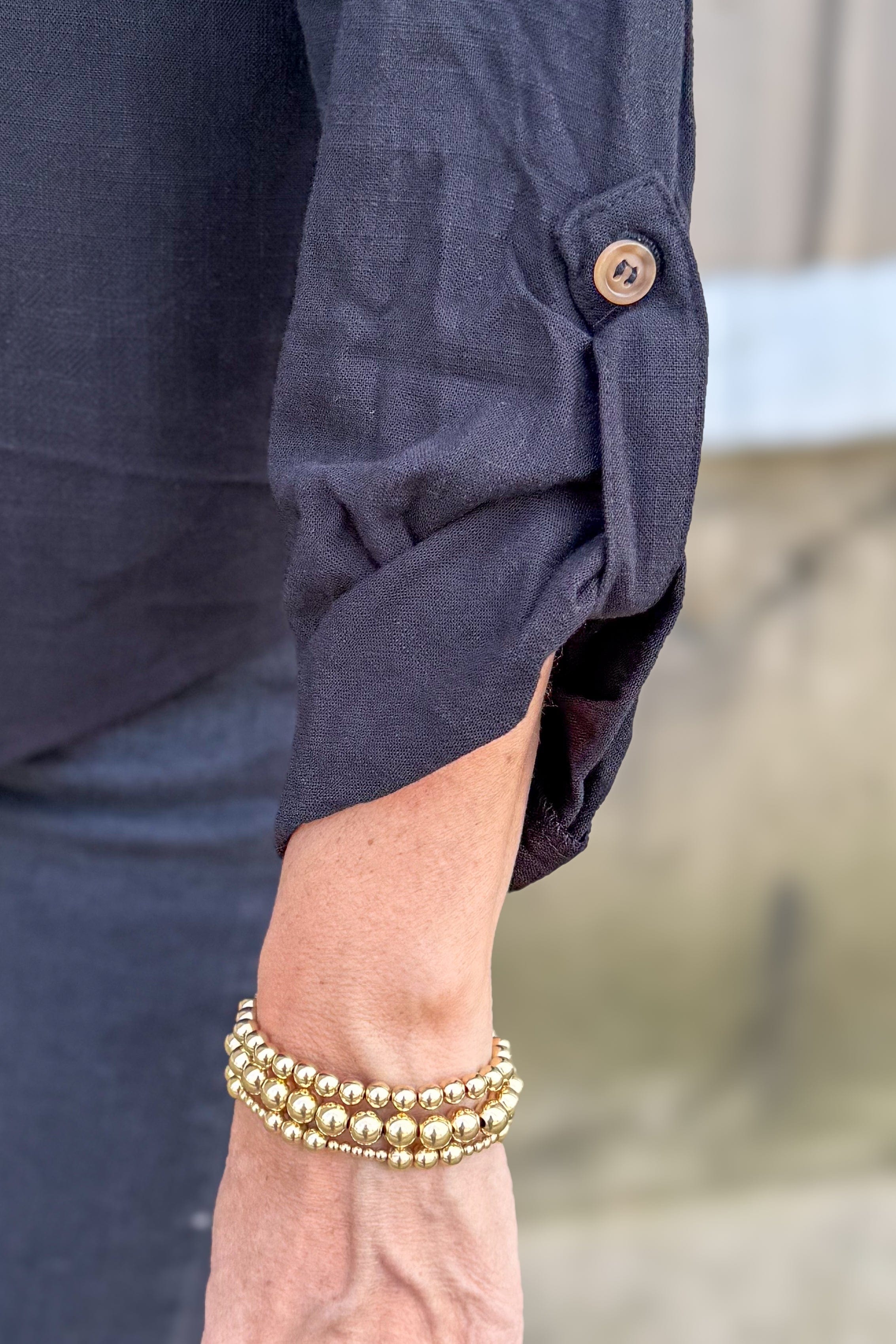 Black Split Neck Button Back Detail Top Detailed