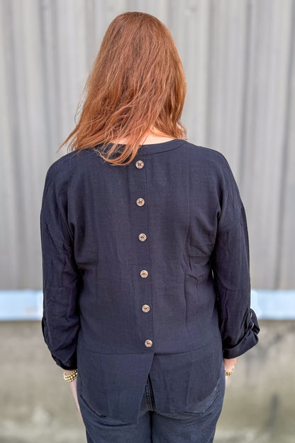 Black Split Neck Button Back Detail Top Back