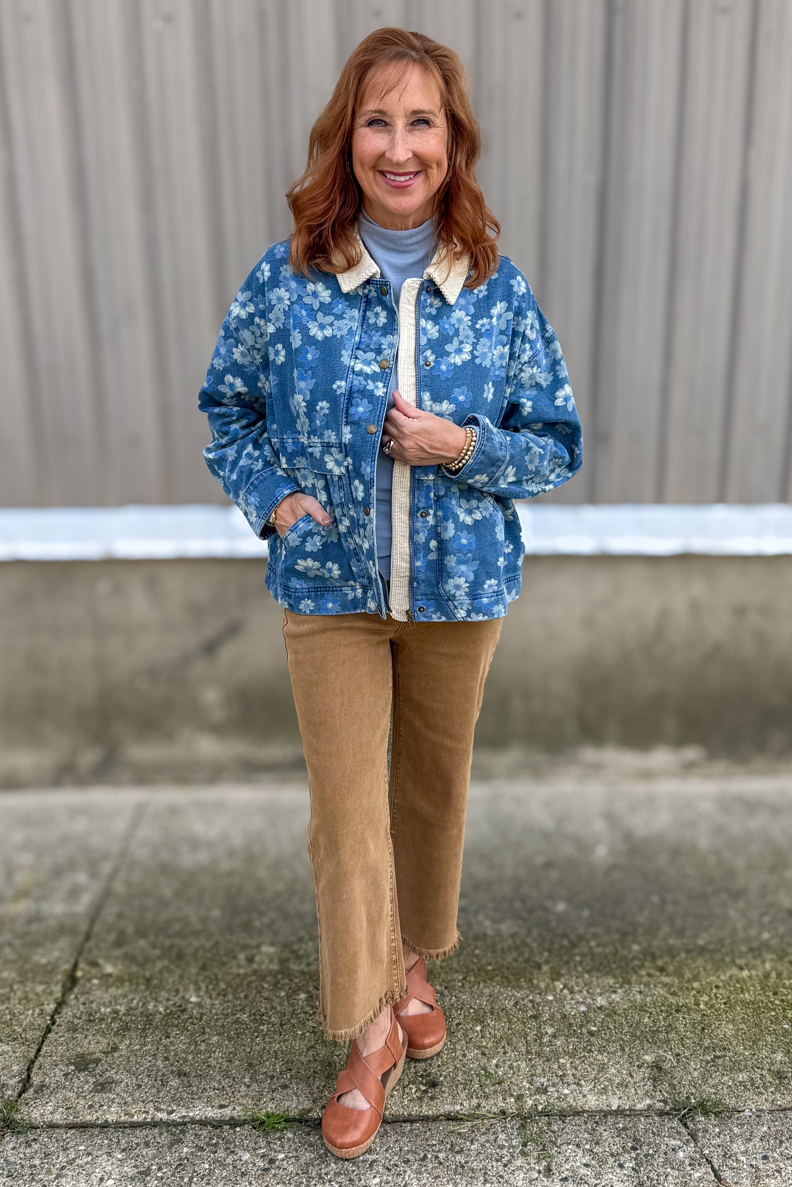 Floral Denim Coat styled