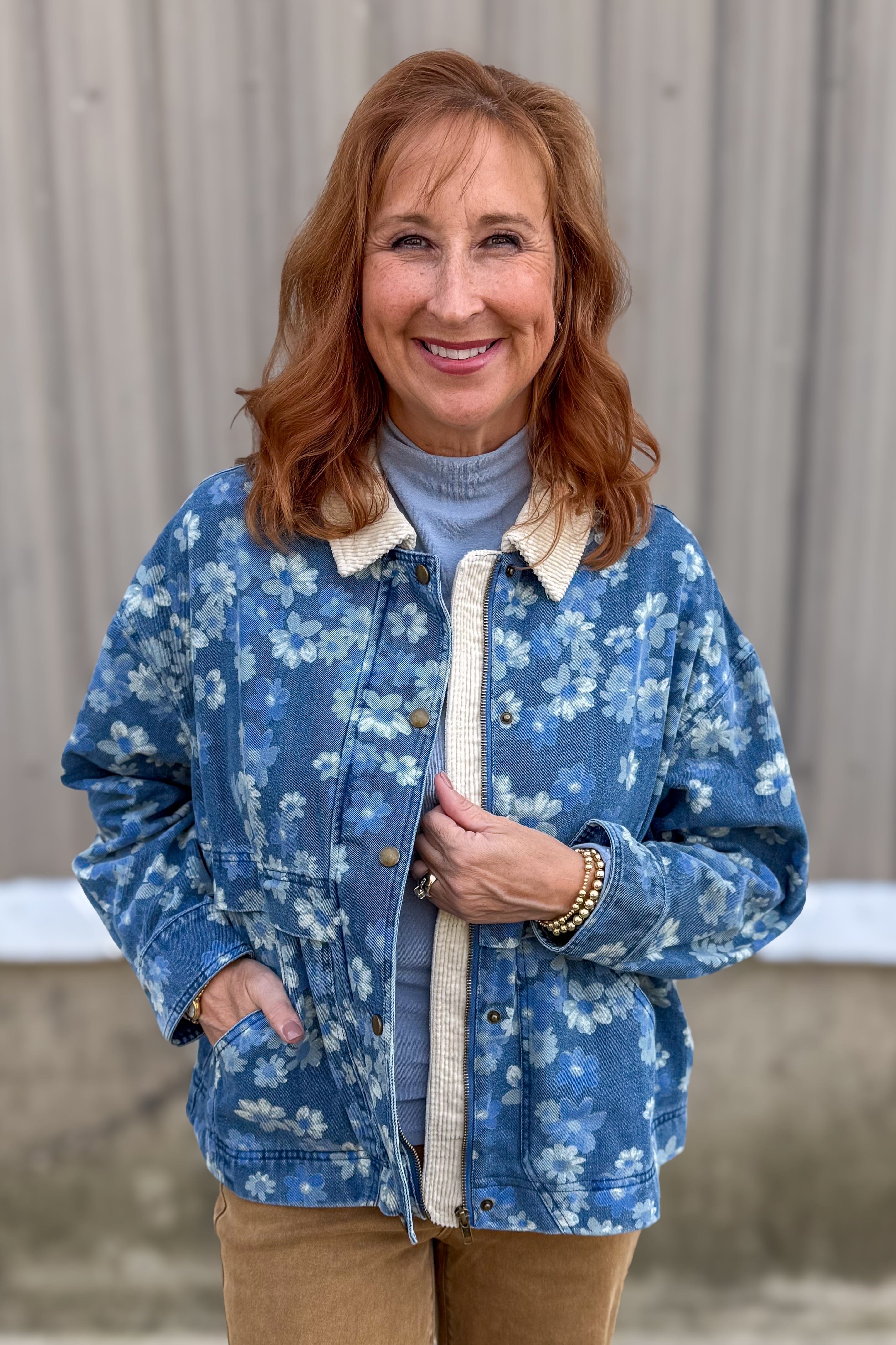 Soft Blue Knit Mock Neck Top styled