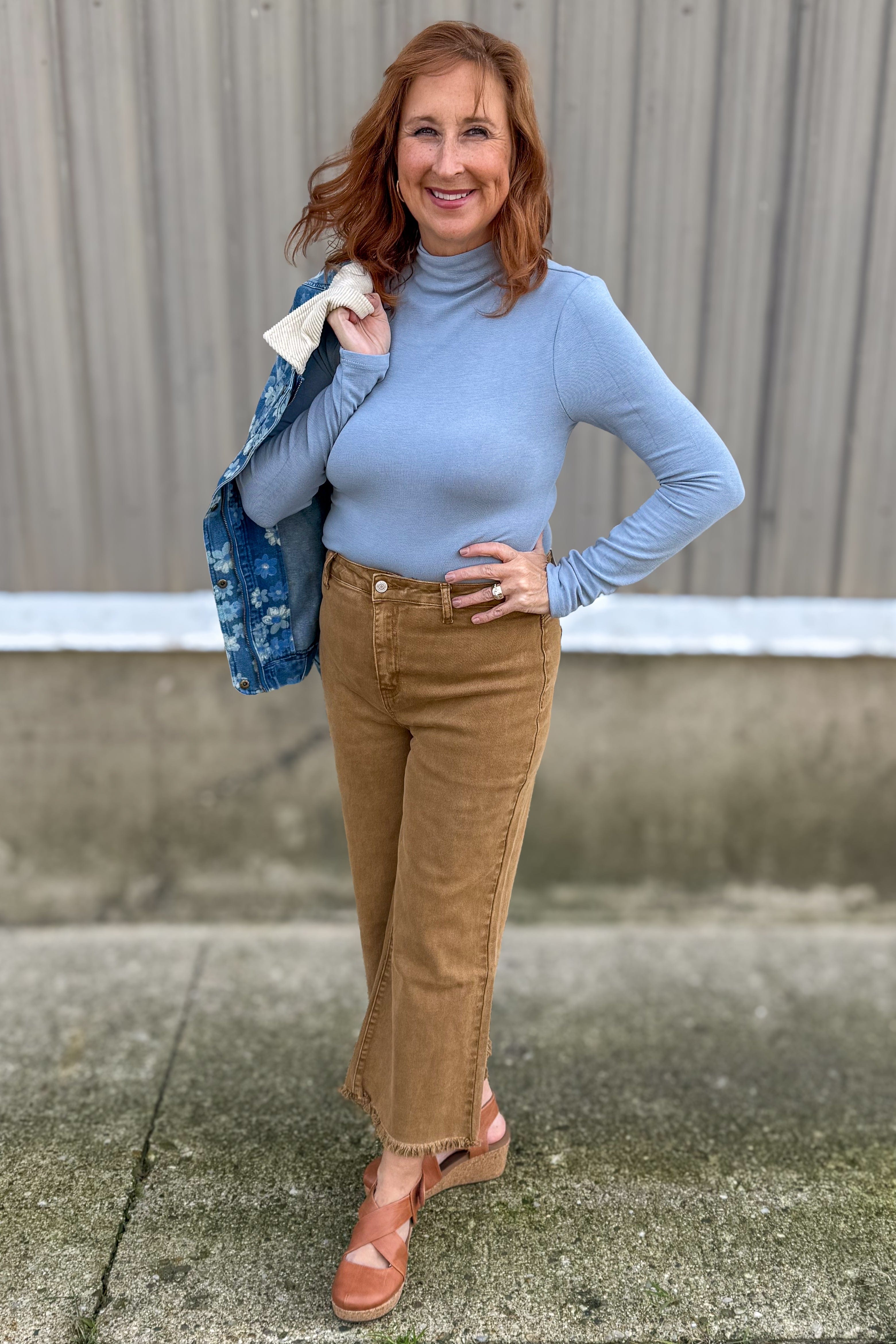 Soft Blue Knit Mock Neck Top styled
