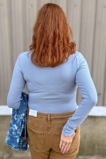 Soft Blue Knit Mock Neck Top back