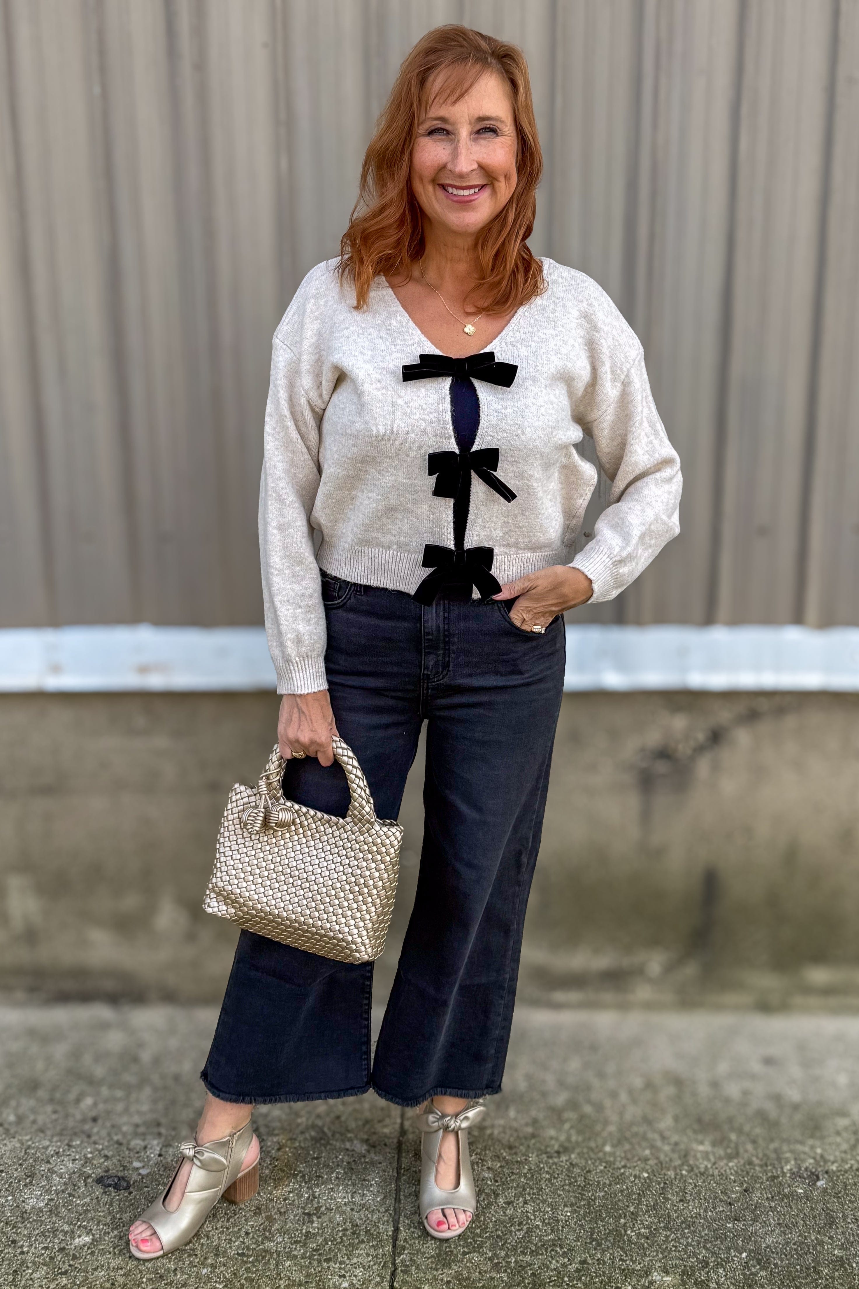 Oatmeal Black Bow Cardigan Sweater Styled