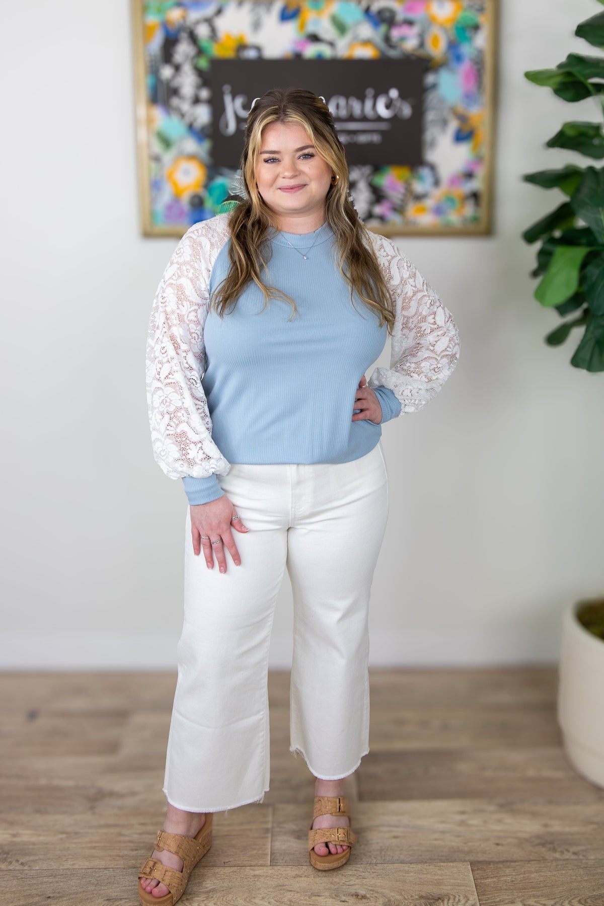 Sky Blue Floral Lace Longsleeve Top, styled
