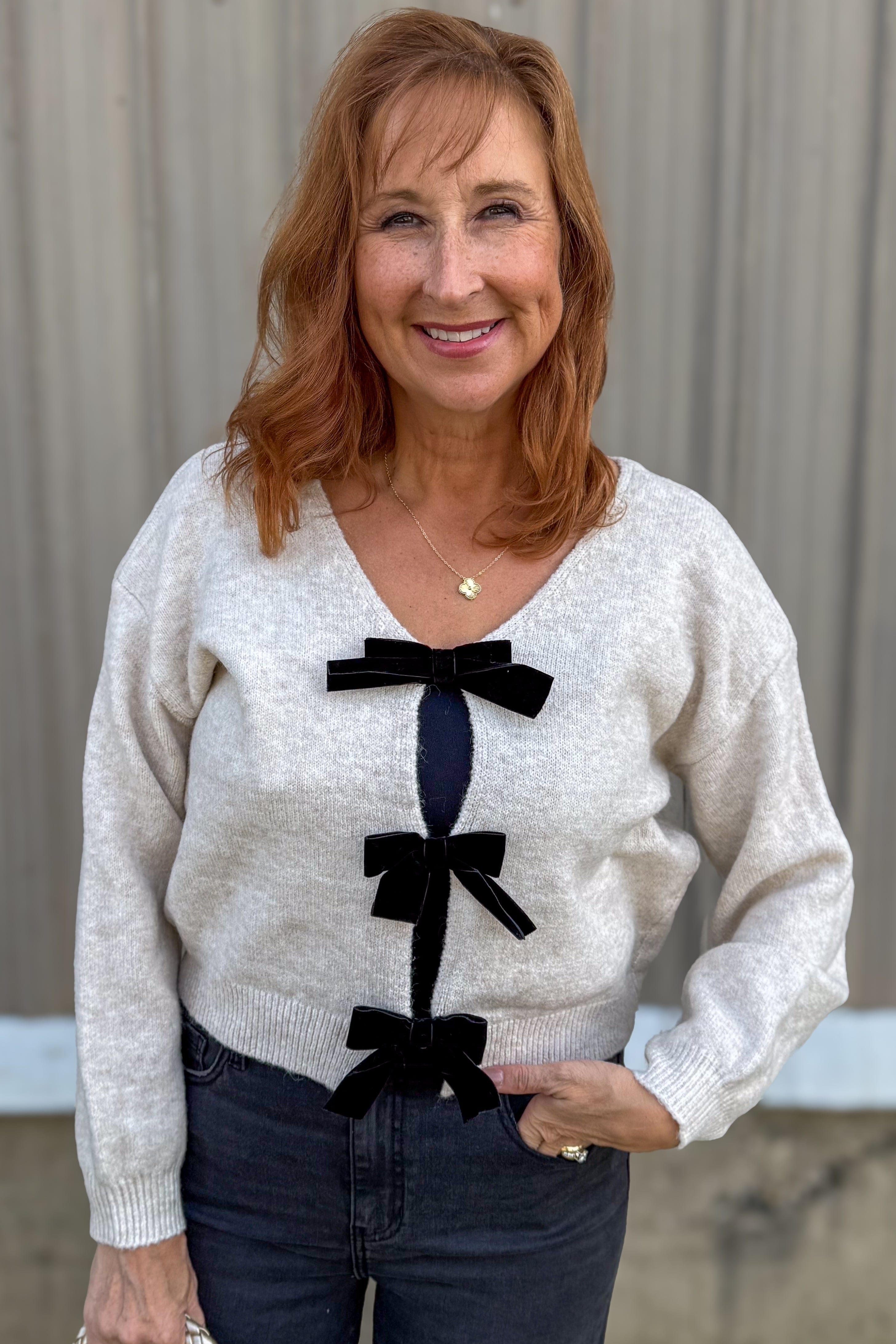 Oatmeal Black Bow Cardigan Sweater