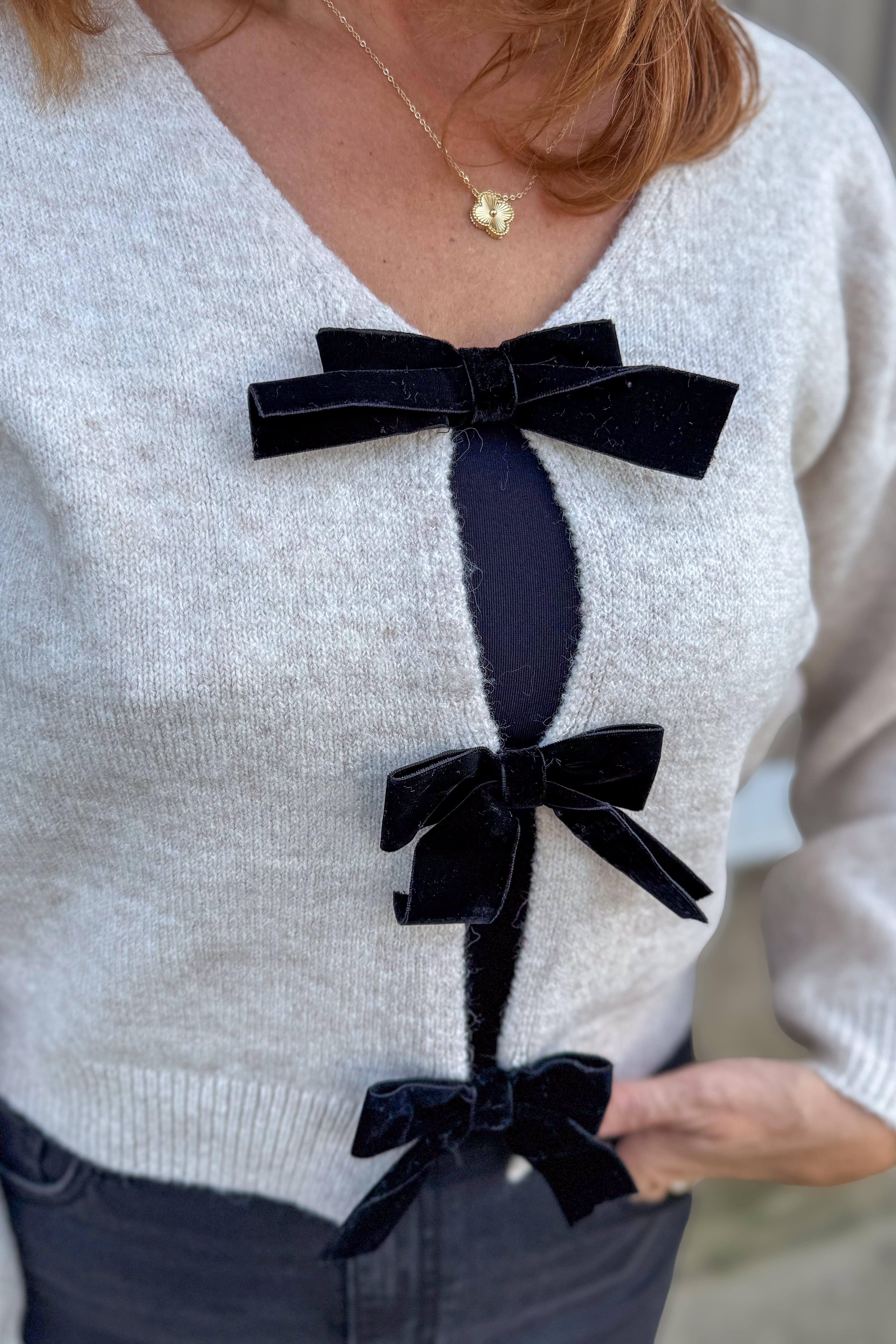 Oatmeal Black Bow Cardigan Sweater Detailes