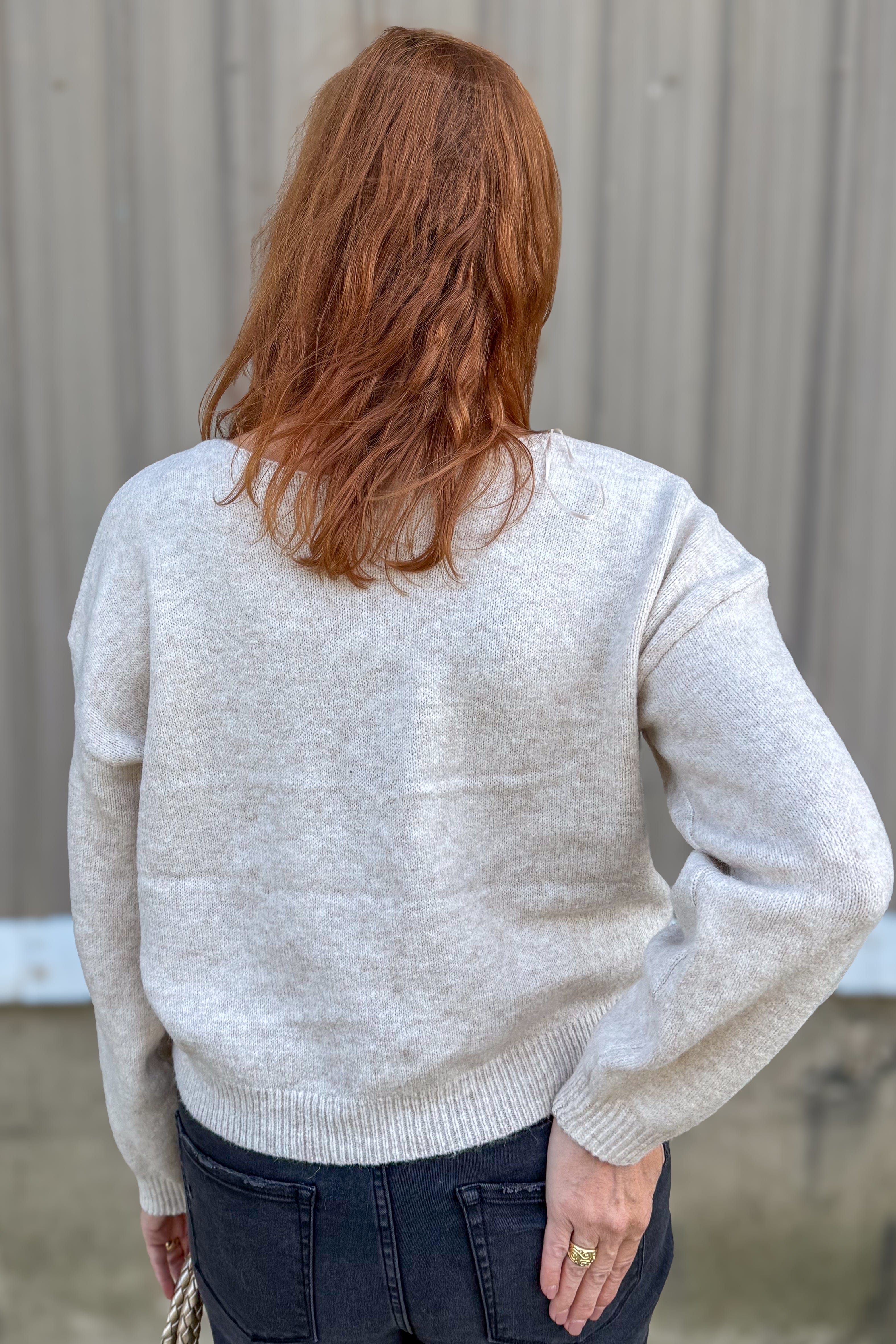 Oatmeal Black Bow Cardigan Sweater Back
