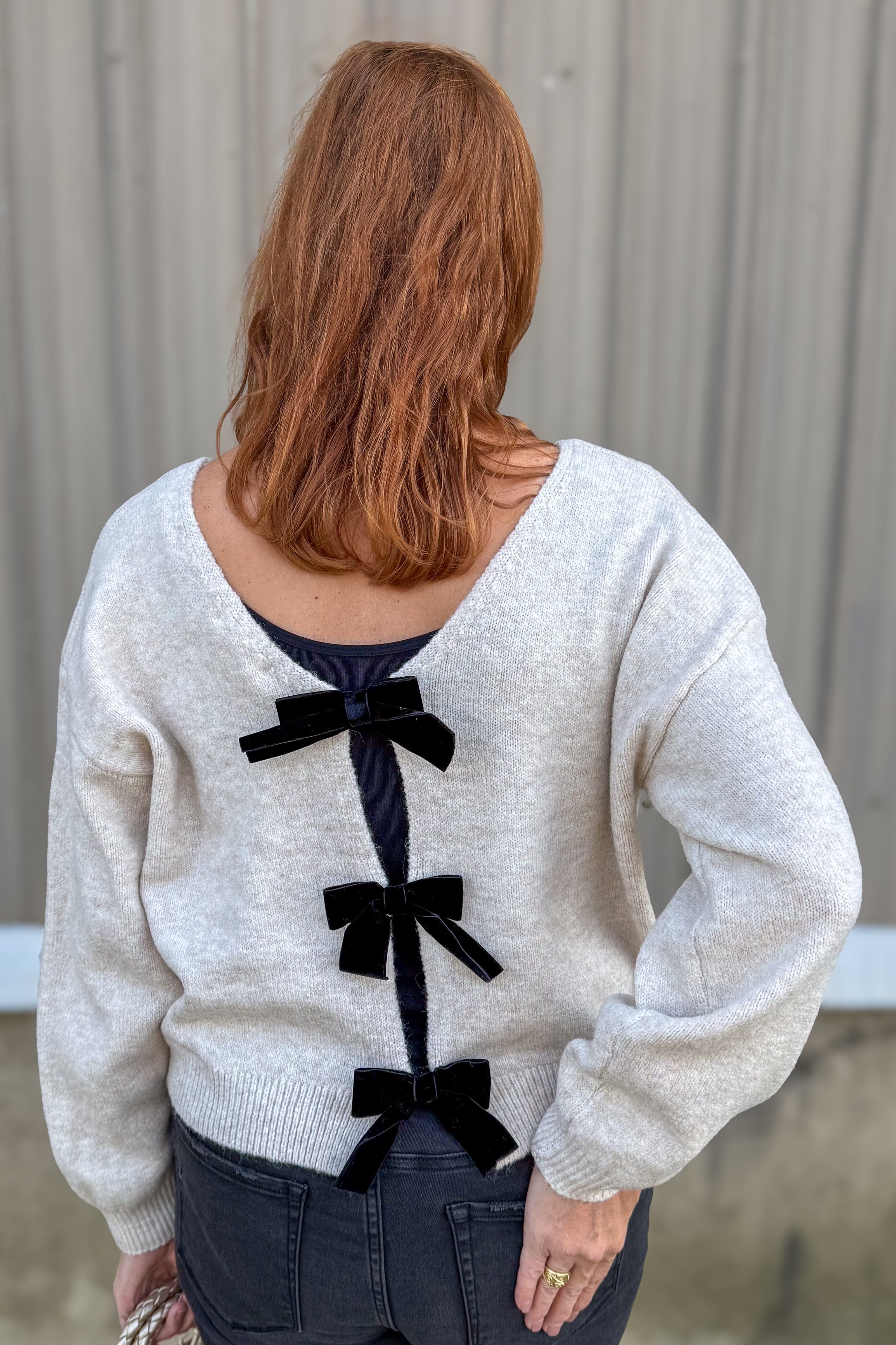 Oatmeal Black Bow Cardigan Sweater Back