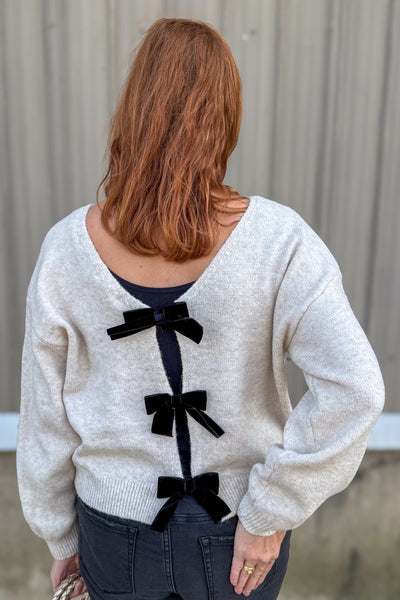 Oatmeal Black Bow Cardigan Sweater Back