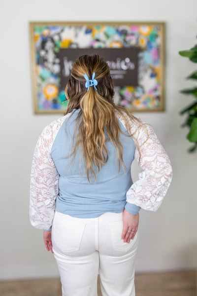 Sky Blue Floral Lace Longsleeve Top, back