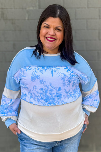 Cream & Light Blue Floral Colorblock Long Sleeve Top