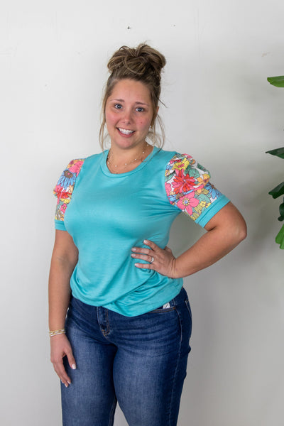 Teal w/Floral Shortsleeve Top