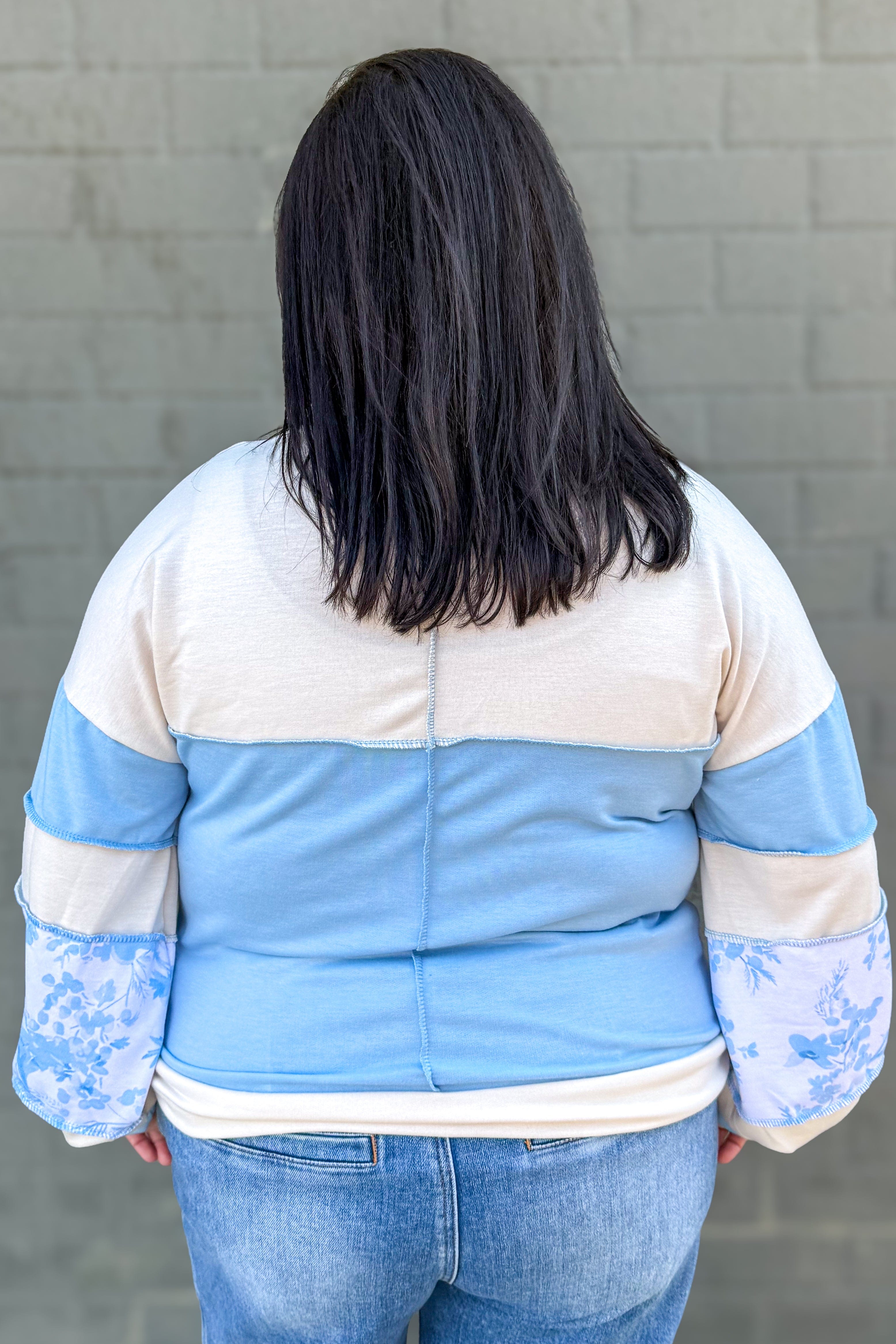 Cream & Light Blue Floral Colorblock Long Sleeve Top Back