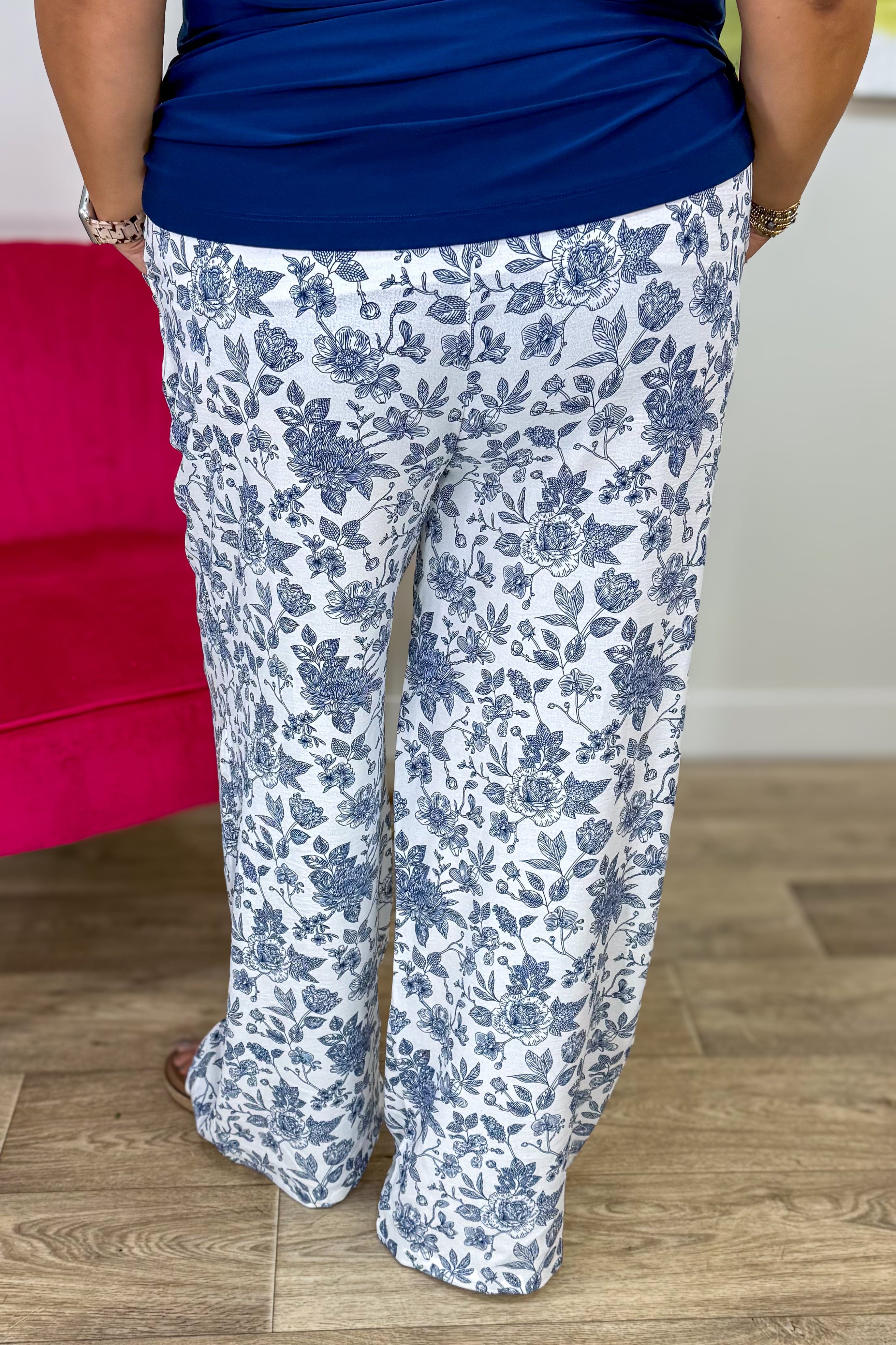 White & Blue Vintage Flower Belted Pants Back