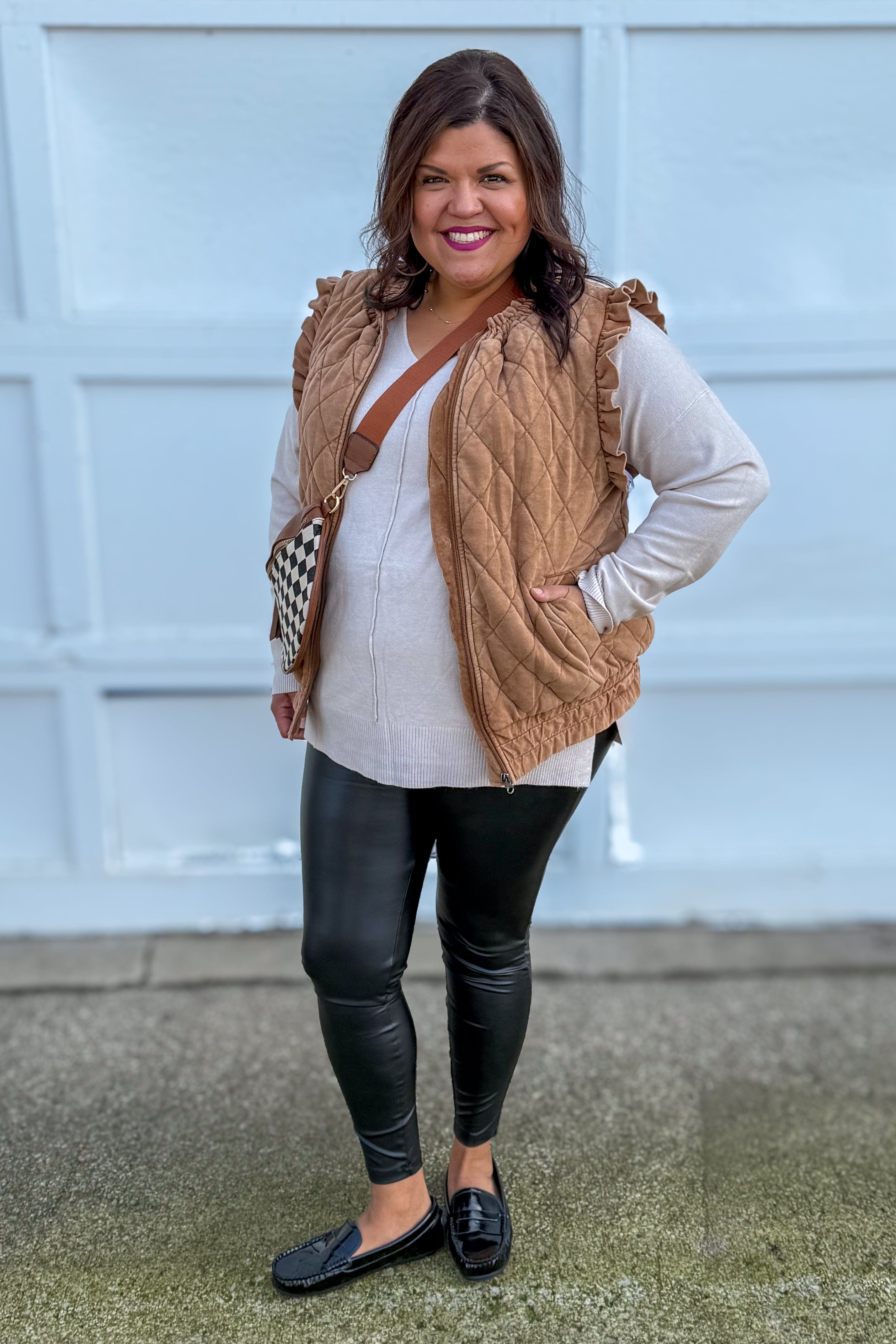 Brown Quilted Ruffle Sleeve Vest Styled