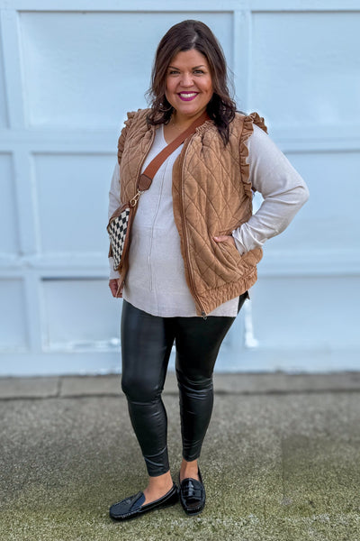 Brown Quilted Ruffle Sleeve Vest Styled