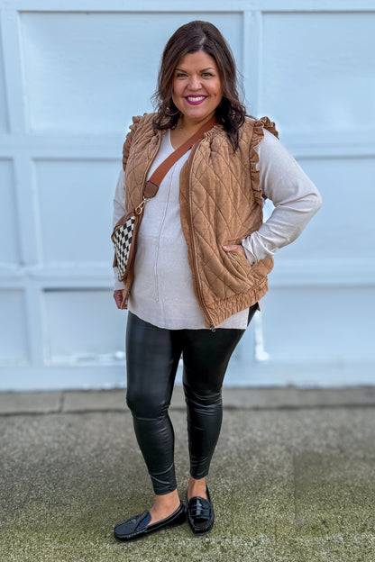 Brown Quilted Ruffle Sleeve Vest Styled