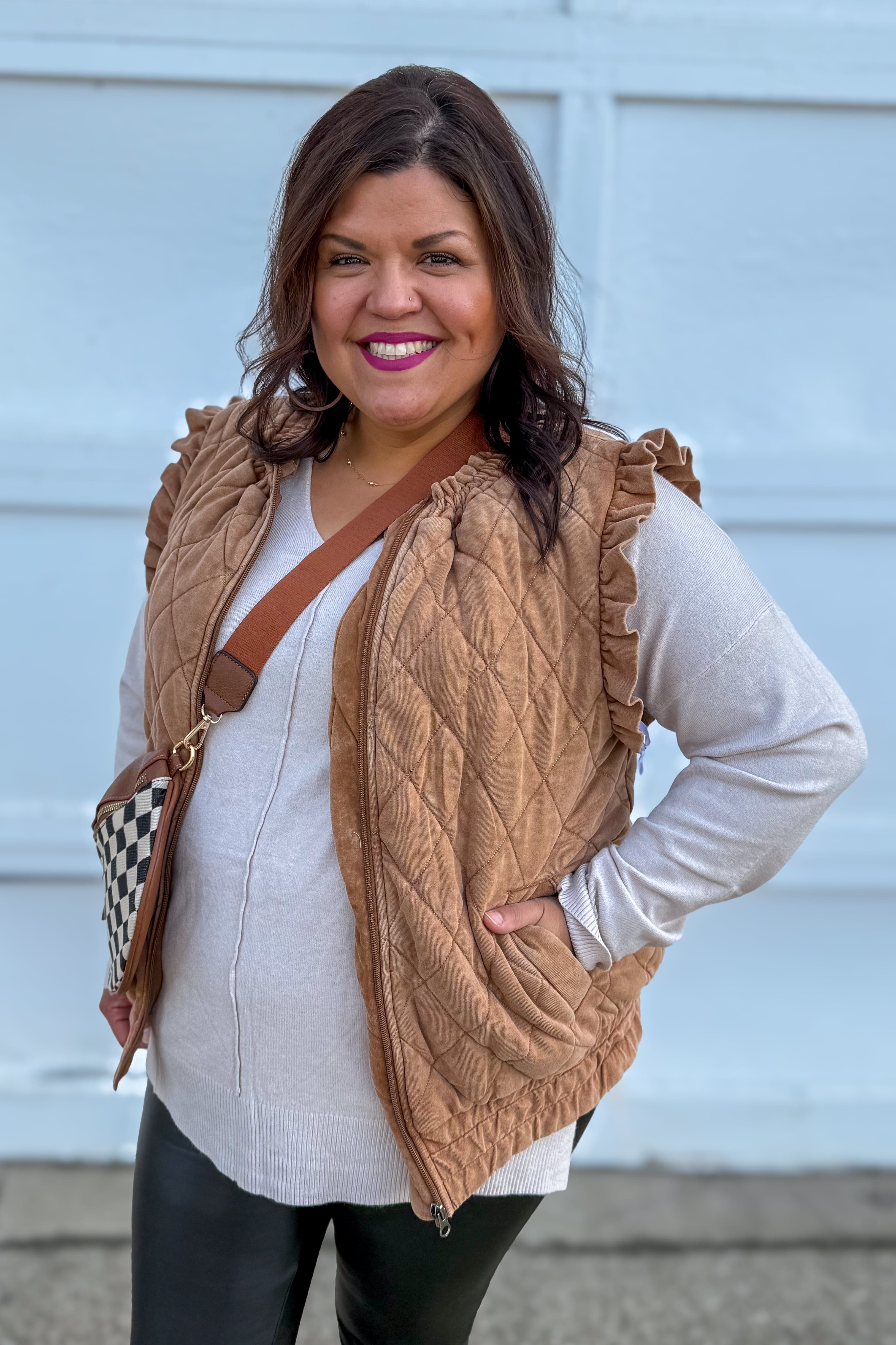 Brown Quilted Ruffle Sleeve Vest