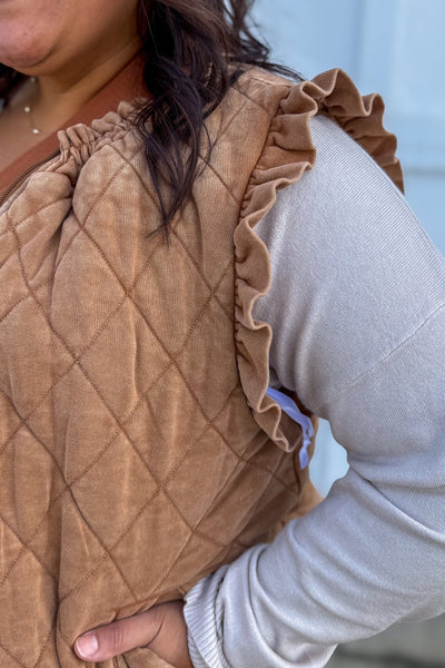 Brown Quilted Ruffle Sleeve Vest Detailed