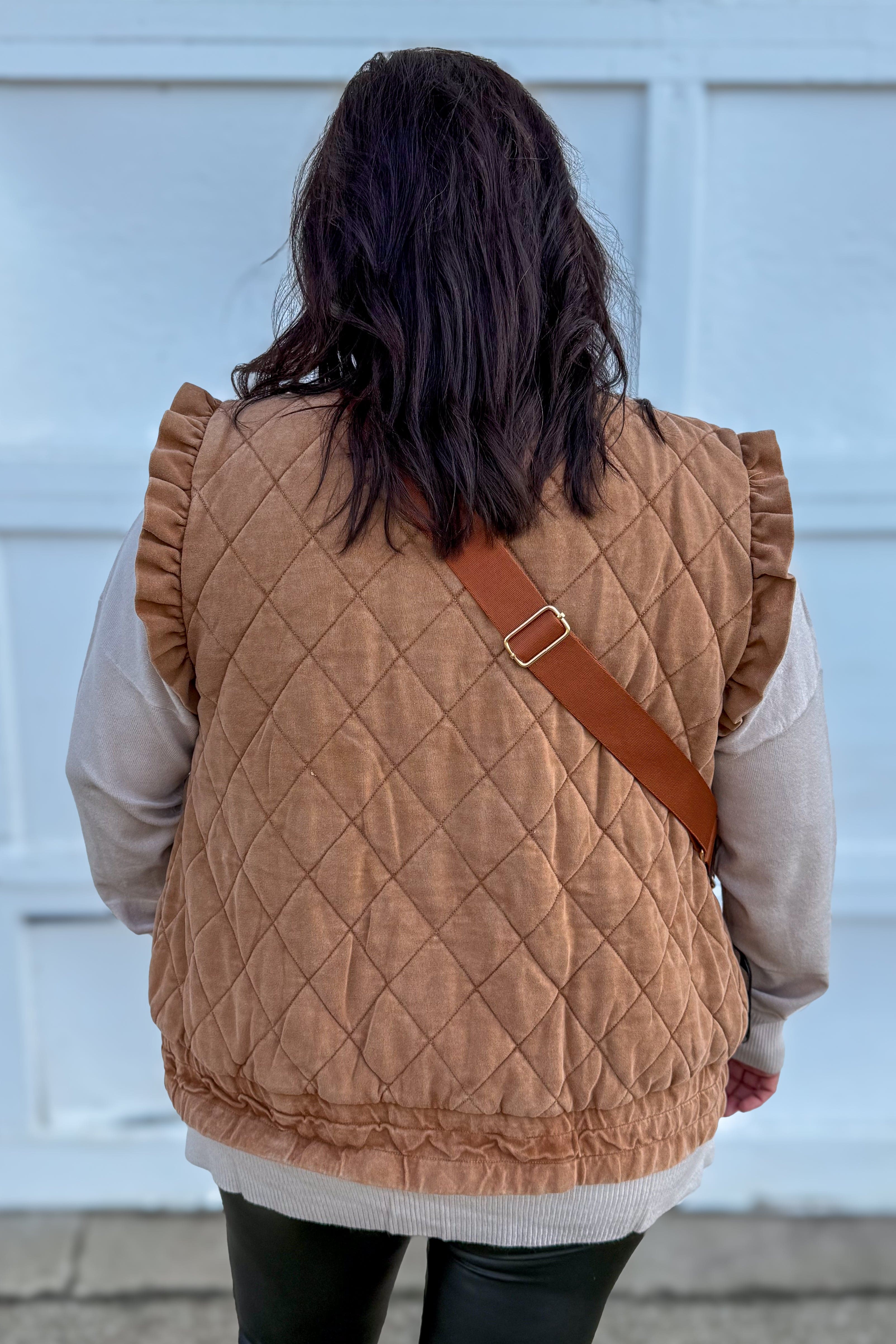 Brown Quilted Ruffle Sleeve Vest Back