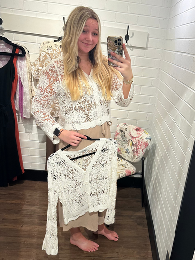 White Floral Crochet Button Up Cardigan