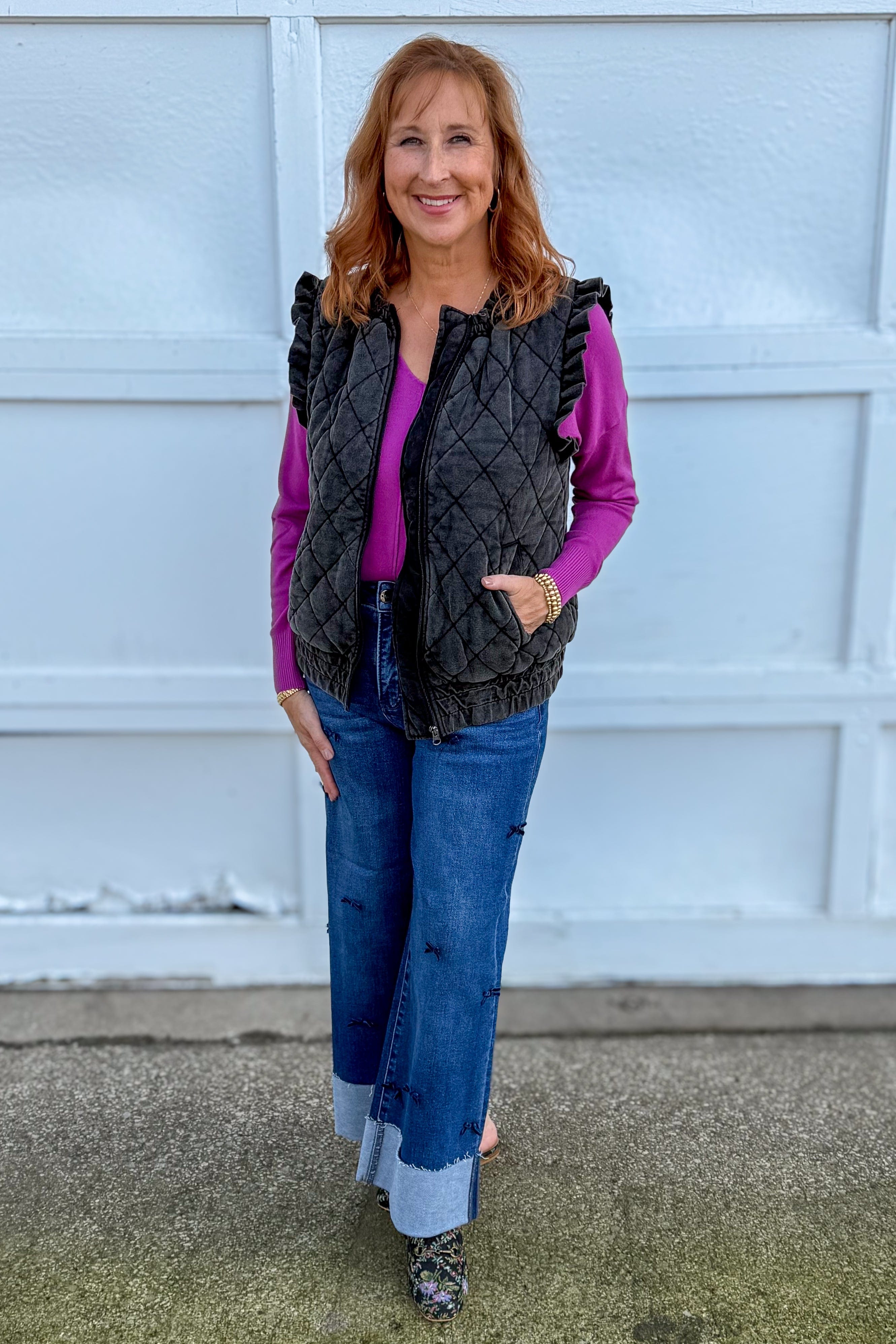 Charcoal Quilted Ruffle Sleeve Vest Styled