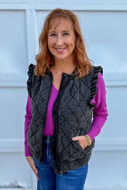 Charcoal Quilted Ruffle Sleeve Vest