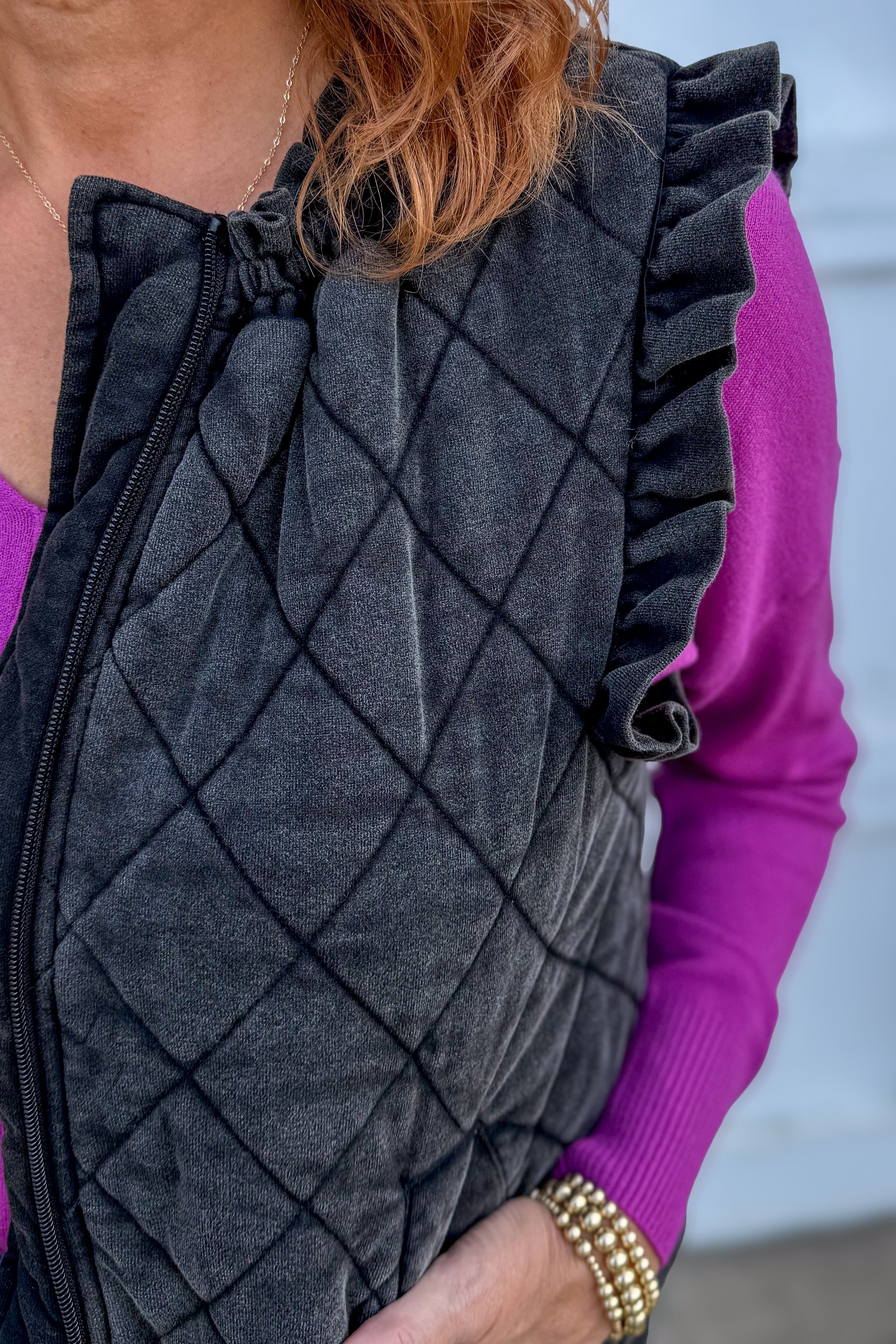 Charcoal Quilted Ruffle Sleeve Vest Detailed