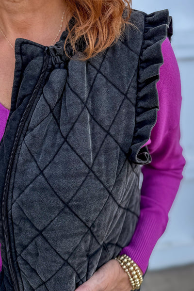 Charcoal Quilted Ruffle Sleeve Vest Detailed