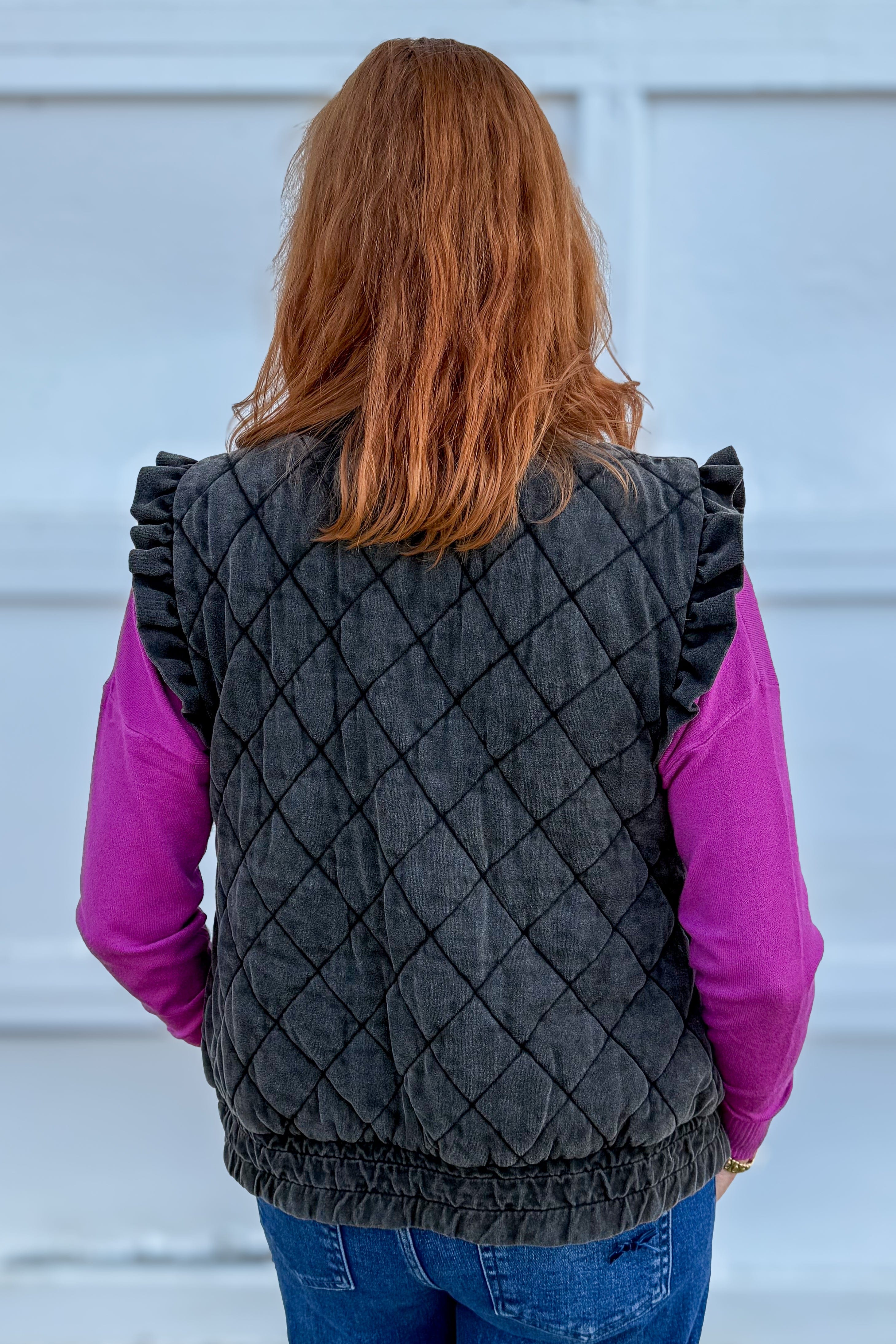 Charcoal Quilted Ruffle Sleeve Vest Back