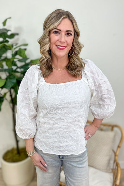 White 3/4 Puff Sleeve Square Neck Blouse