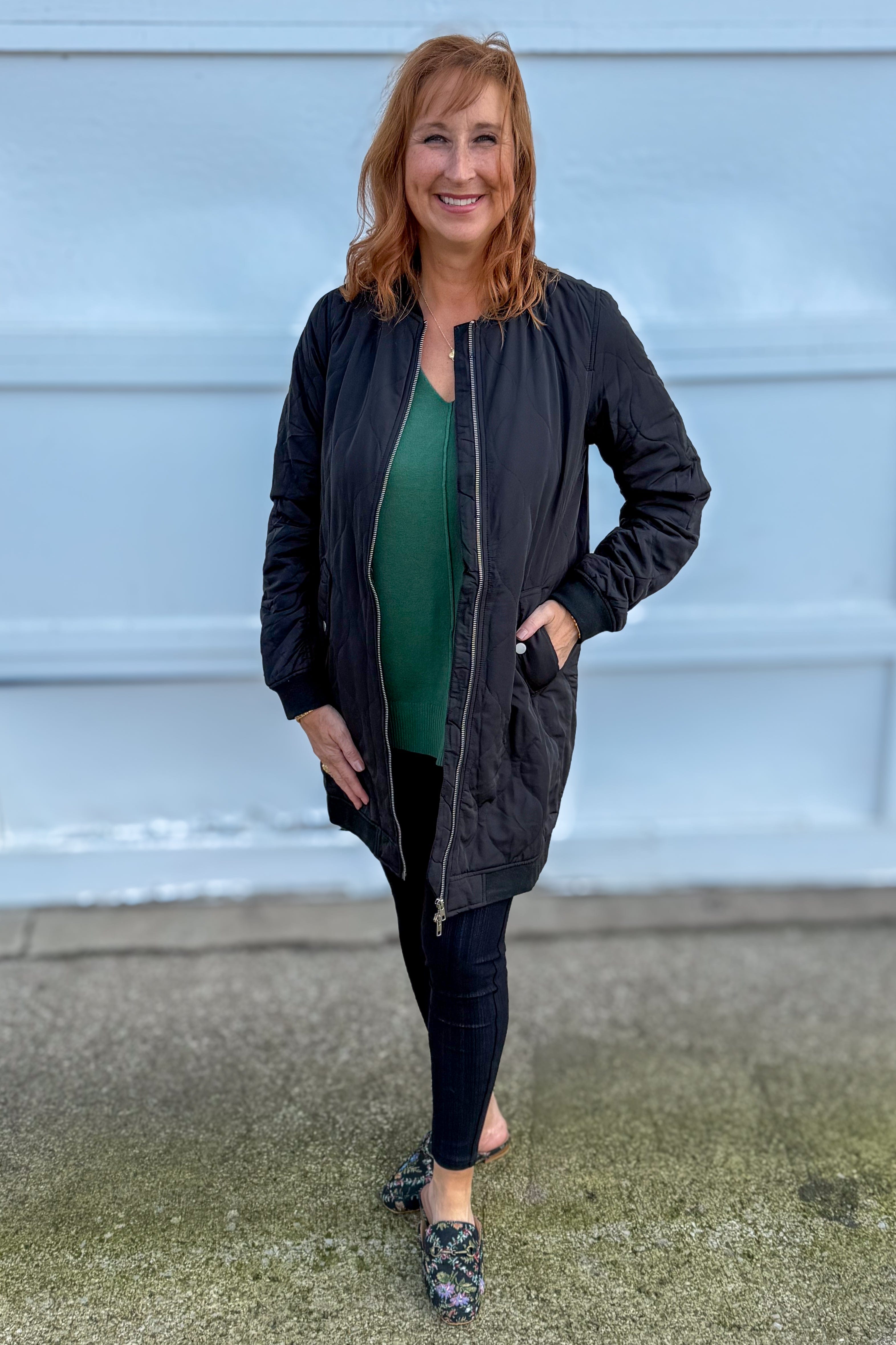 Black Quilted Long Bomber Jacket Styled