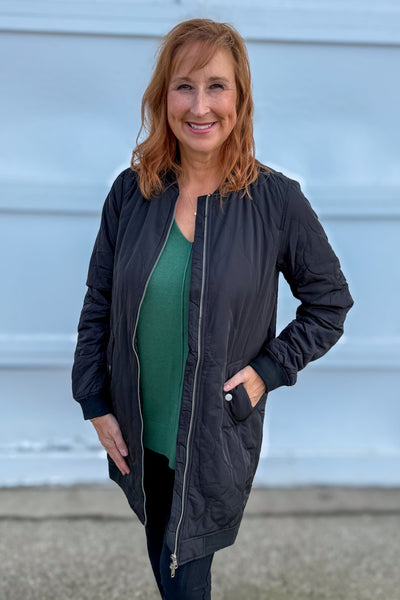 Black Quilted Long Bomber Jacket
